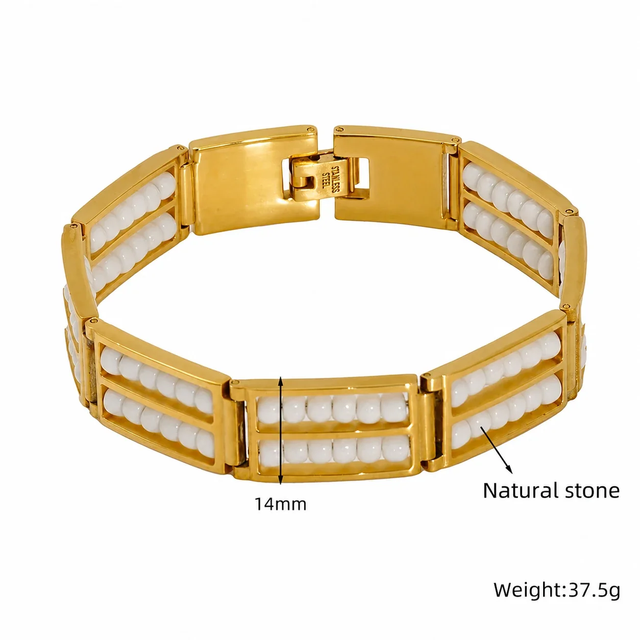 Vivid 18K Gold-Plated Double-Row Bead Link Bracelet - Gold White Bead