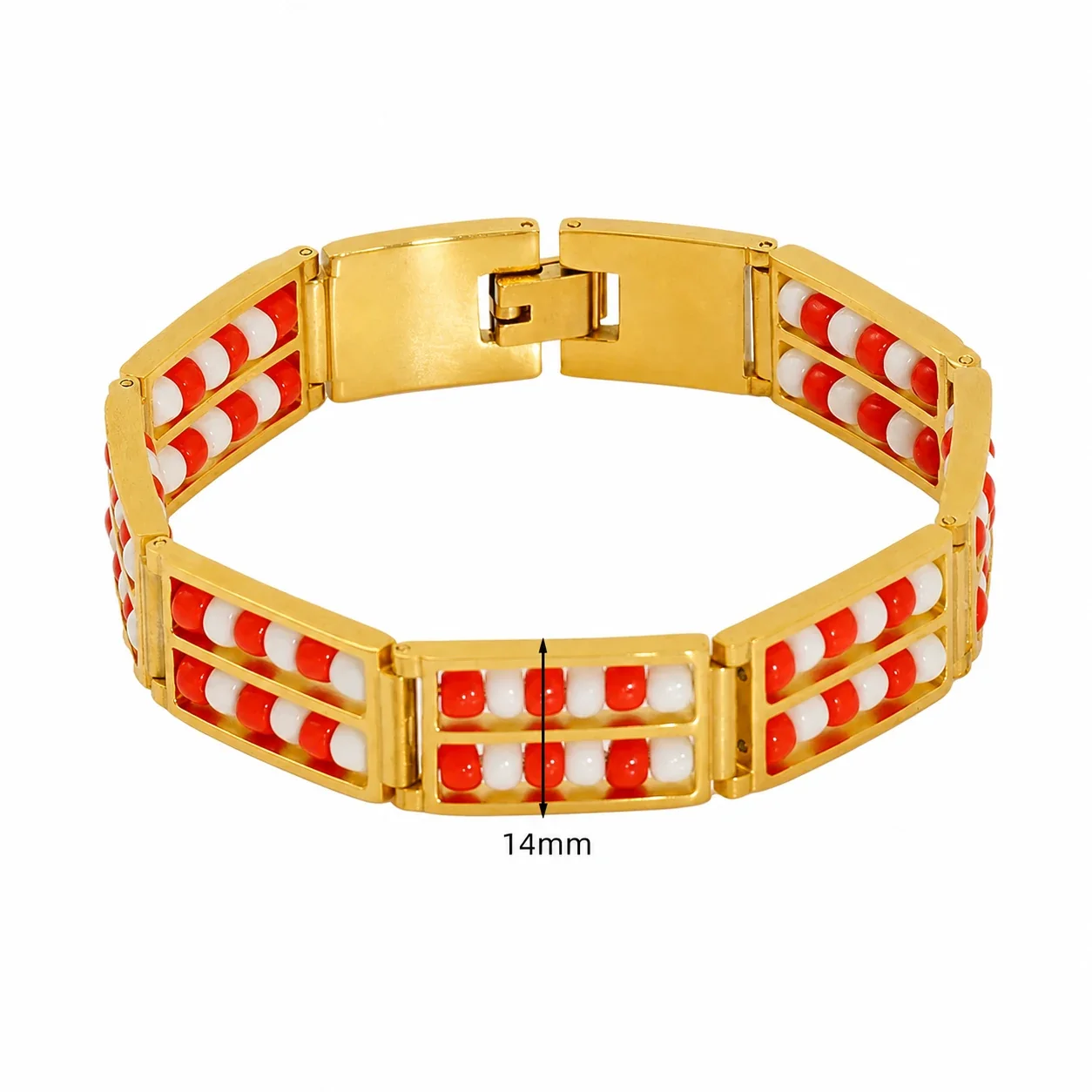 Vivid 18K Gold-Plated Double-Row Bead Link Bracelet - Gold White Red