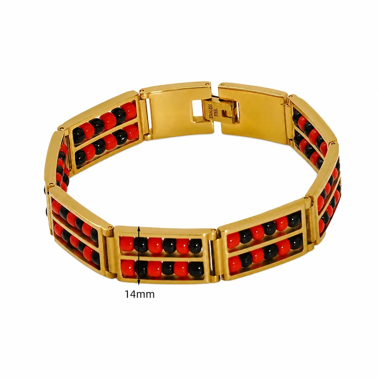 Vivid 18K Gold-Plated Double-Row Bead Link Bracelet - Gold Black Red