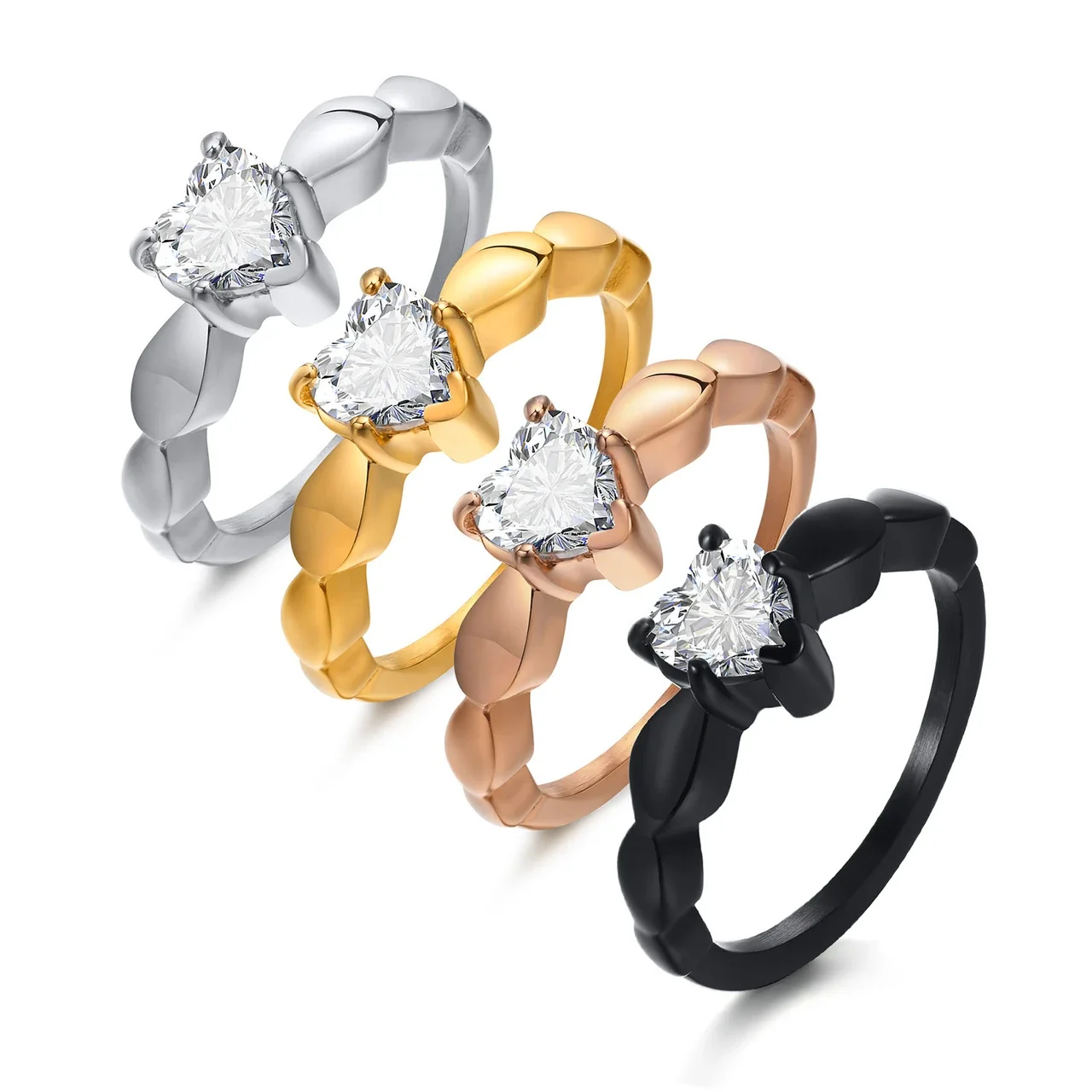 Romantic Stainless Steel Heart CZ Leaf Band Ring