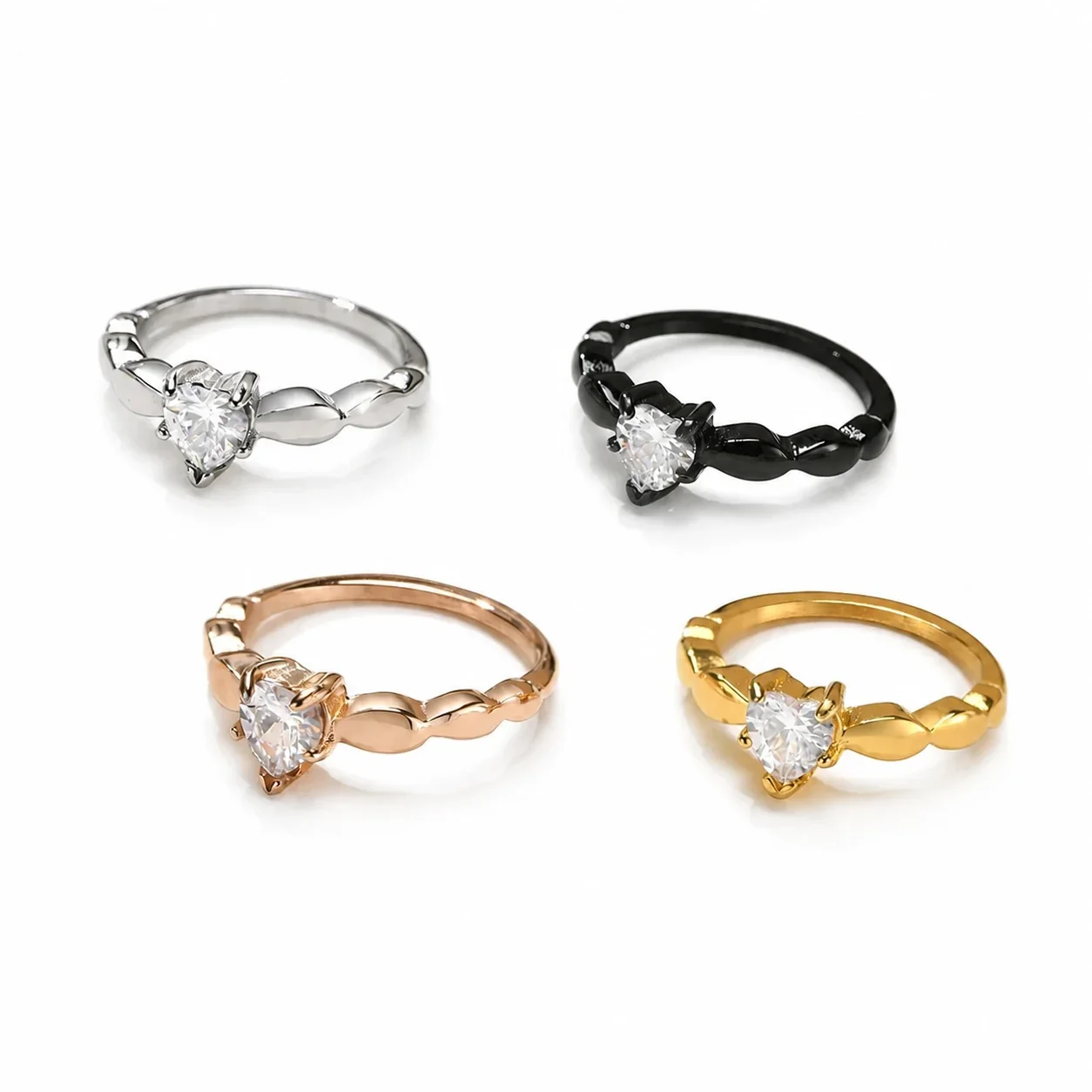 Romantic Stainless Steel Heart CZ Leaf Band Ring
