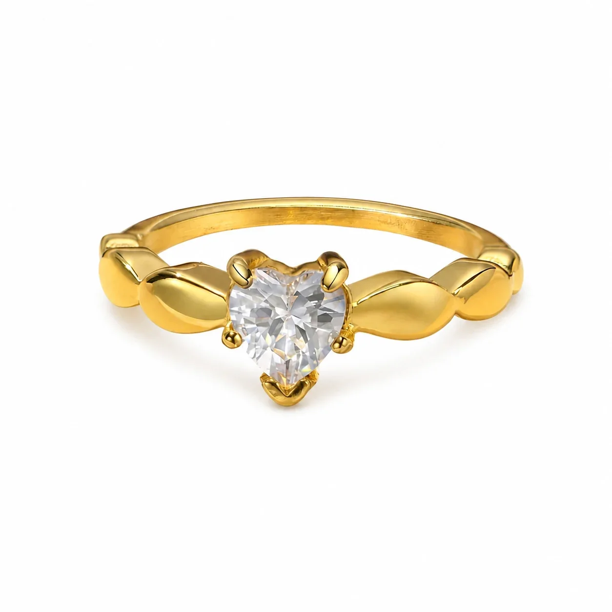 Romantic Stainless Steel Heart CZ Leaf Band Ring