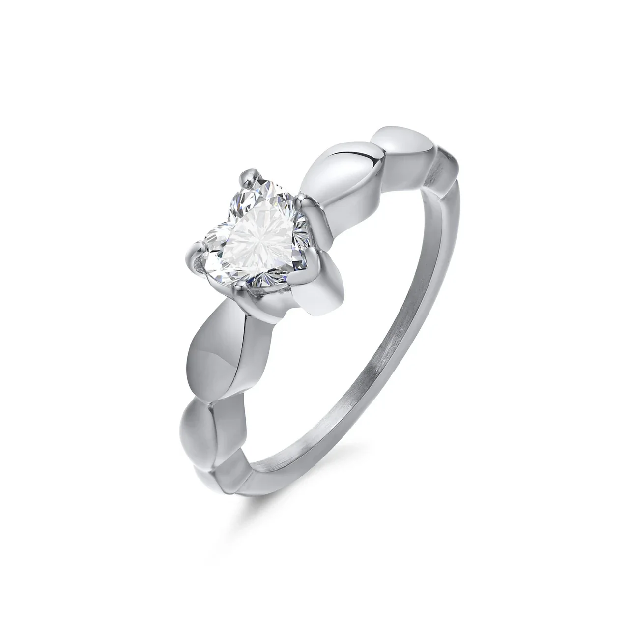 Romantic Stainless Steel Heart CZ Leaf Band Ring - Silver