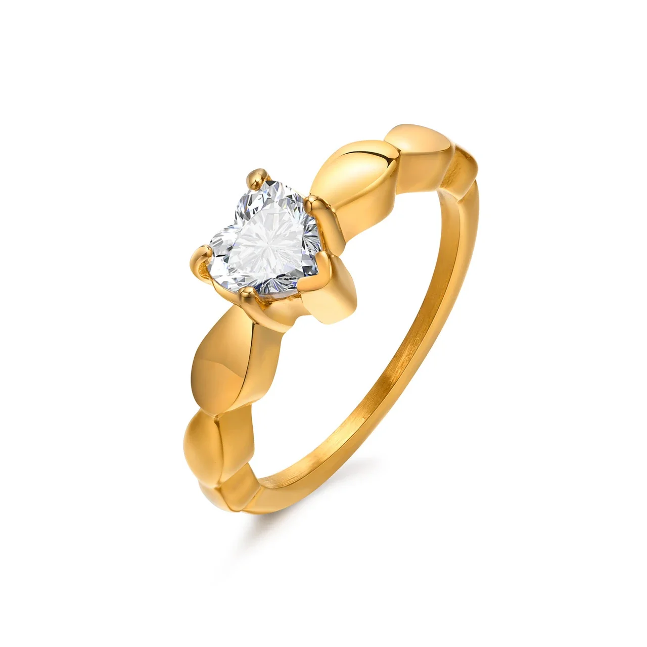 Romantic Stainless Steel Heart CZ Leaf Band Ring - Gold