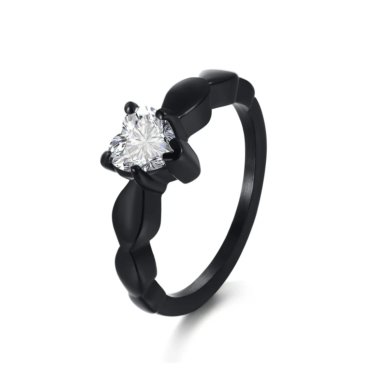 Romantic Stainless Steel Heart CZ Leaf Band Ring - Black