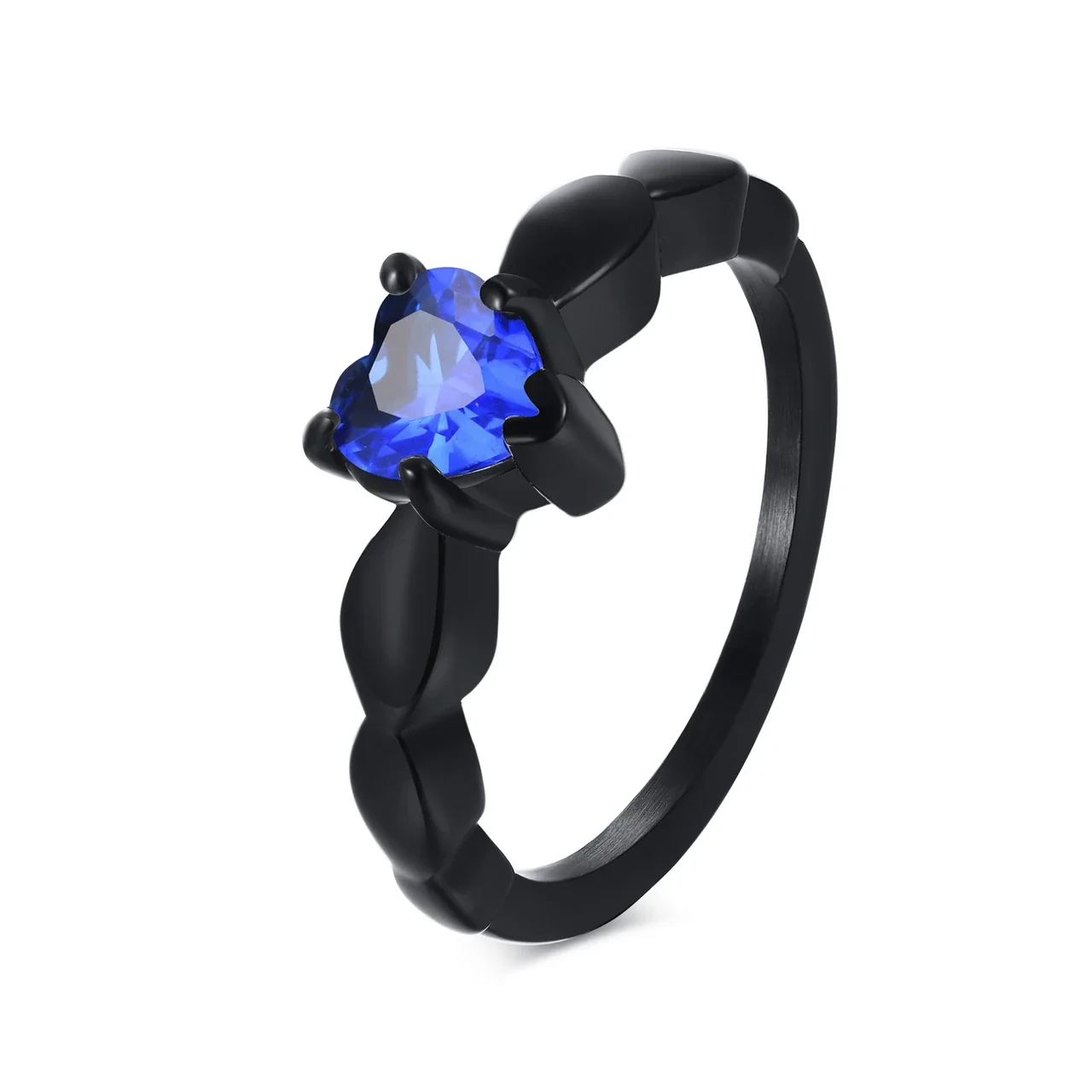 Romantic Stainless Steel Heart CZ Leaf Band Ring - Black Blue Cubic Zirconia