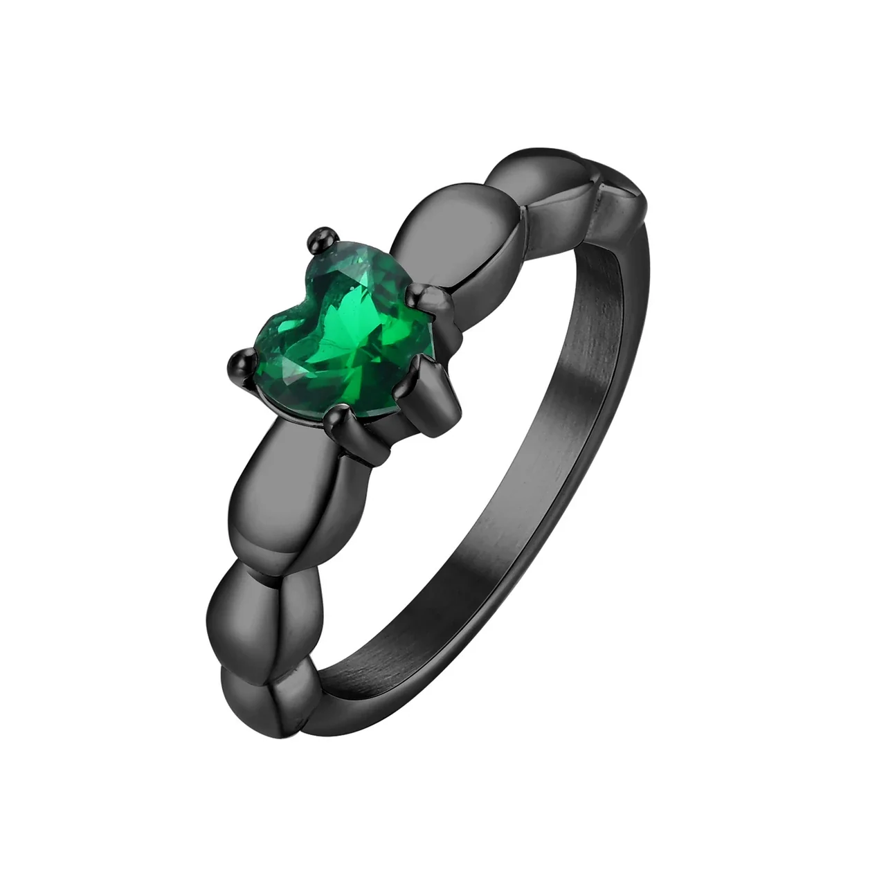 Romantic Stainless Steel Heart CZ Leaf Band Ring - Black Green Cubic Zirconia