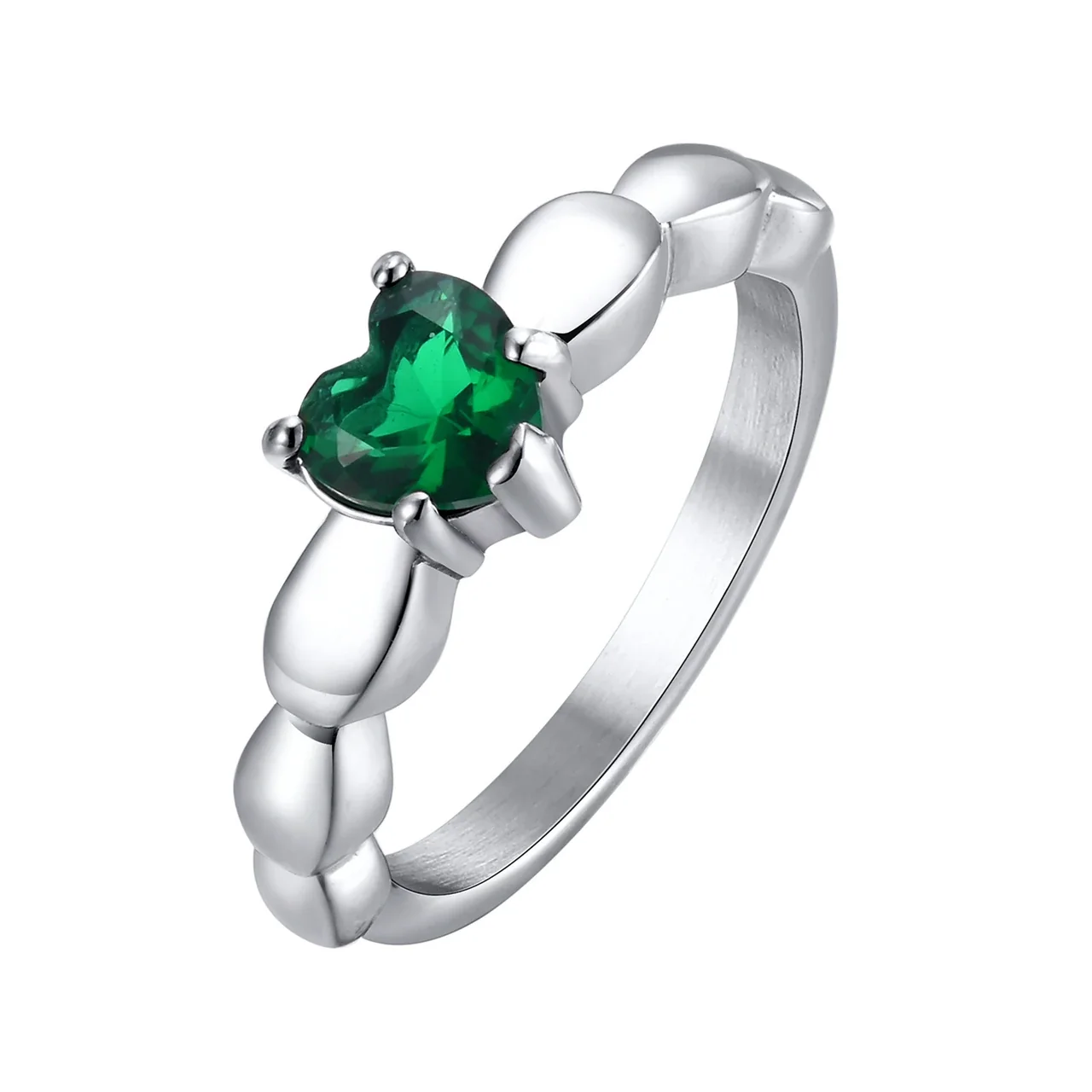 Romantic Stainless Steel Heart CZ Leaf Band Ring - Silver Green Cubic Zirconia