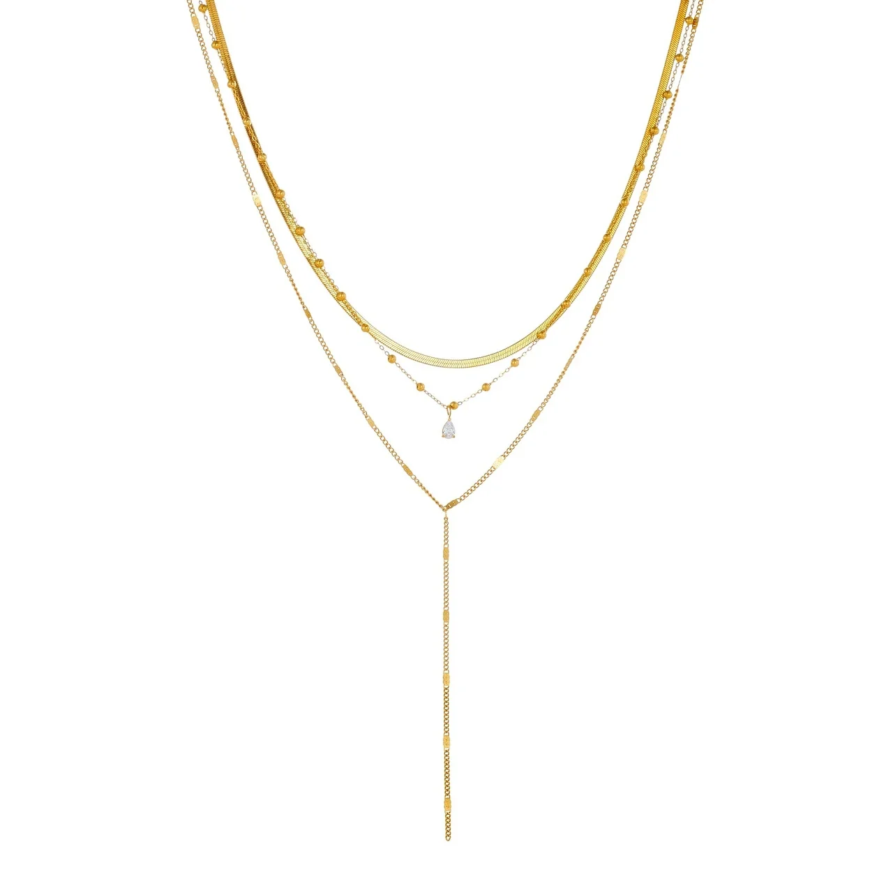 Layered Y Necklace with Snake Chain & Teardrop CZ, Gold-Plated