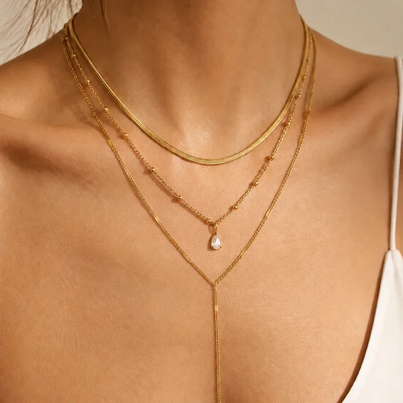 Layered Y Necklace with Snake Chain & Teardrop CZ, Gold-Plated