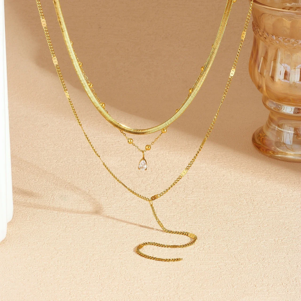 Layered Y Necklace with Snake Chain & Teardrop CZ, Gold-Plated