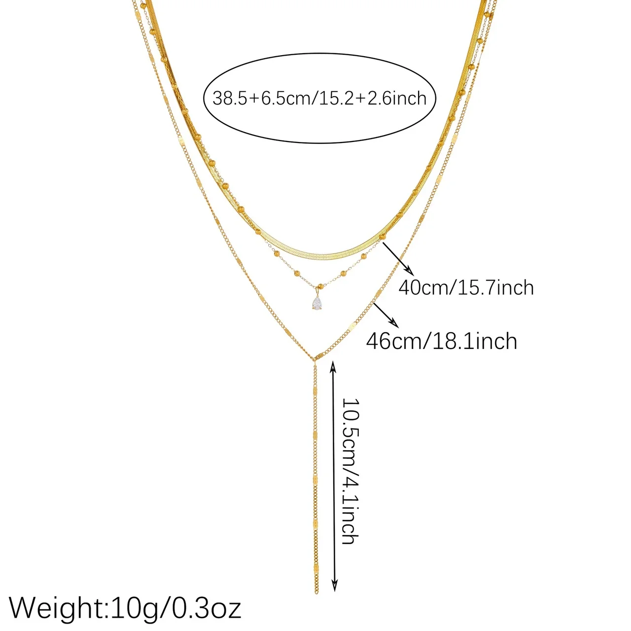 Layered Y Necklace with Snake Chain & Teardrop CZ, Gold-Plated