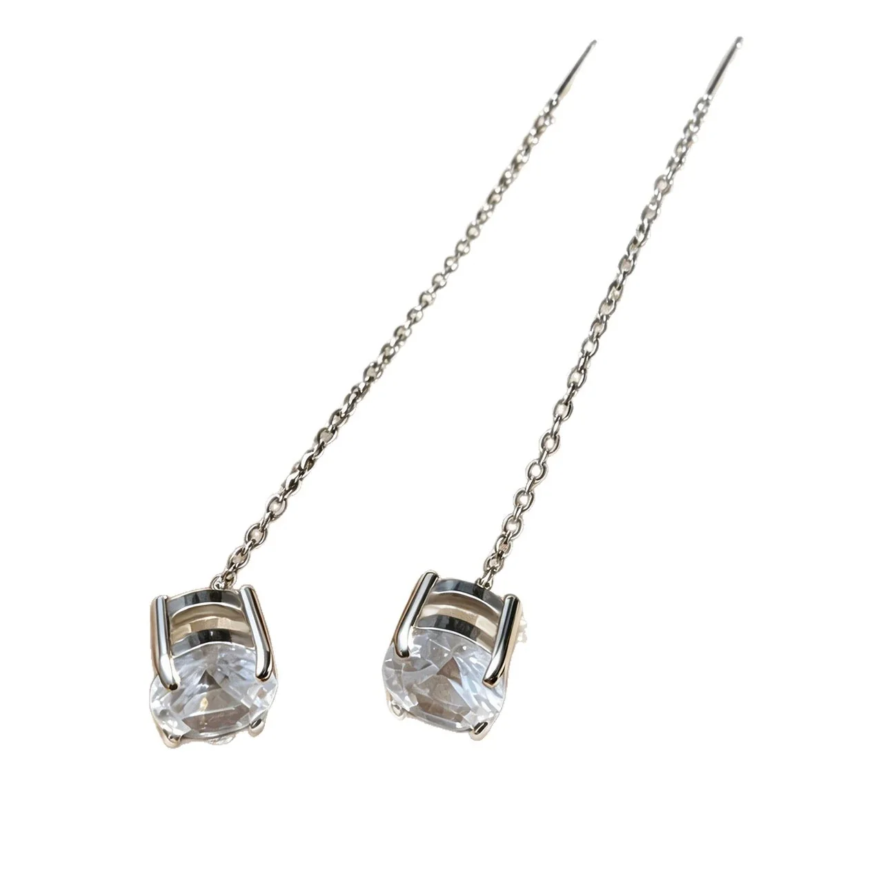 Drop Earrings Round CZ Threader Chain 316 Stainless Steel Silver PVD
