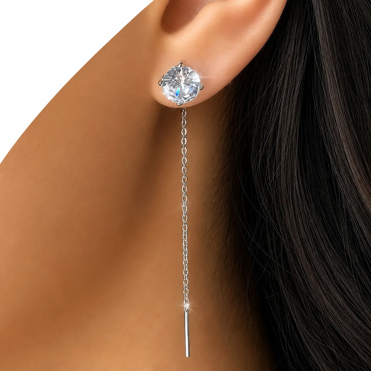 Drop Earrings Round CZ Threader Chain 316 Stainless Steel Silver PVD