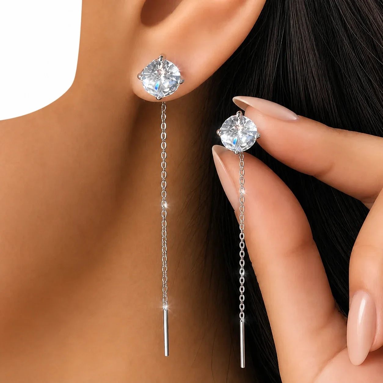 Drop Earrings Round CZ Threader Chain 316 Stainless Steel Silver PVD