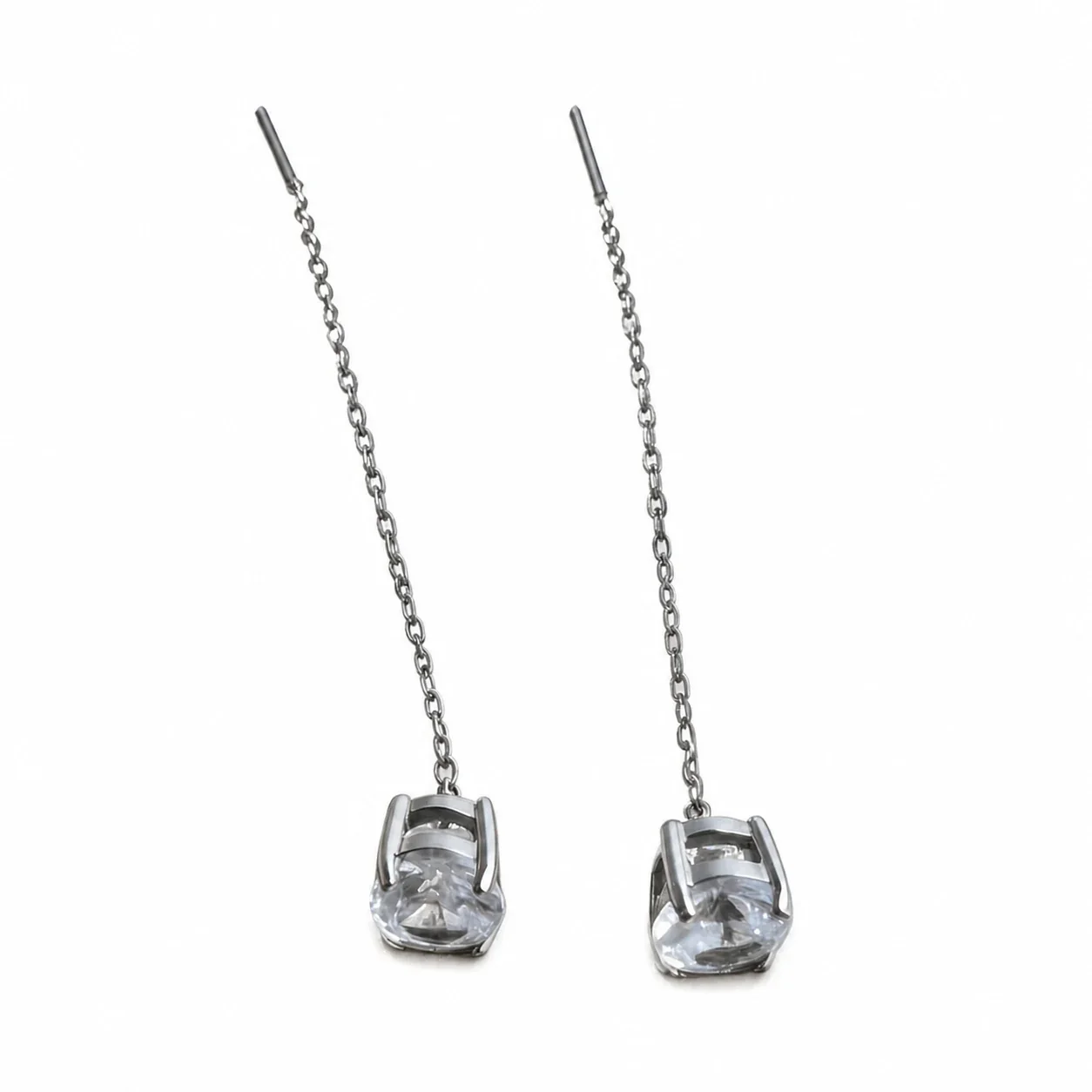 Drop Earrings Round CZ Threader Chain 316 Stainless Steel Silver PVD