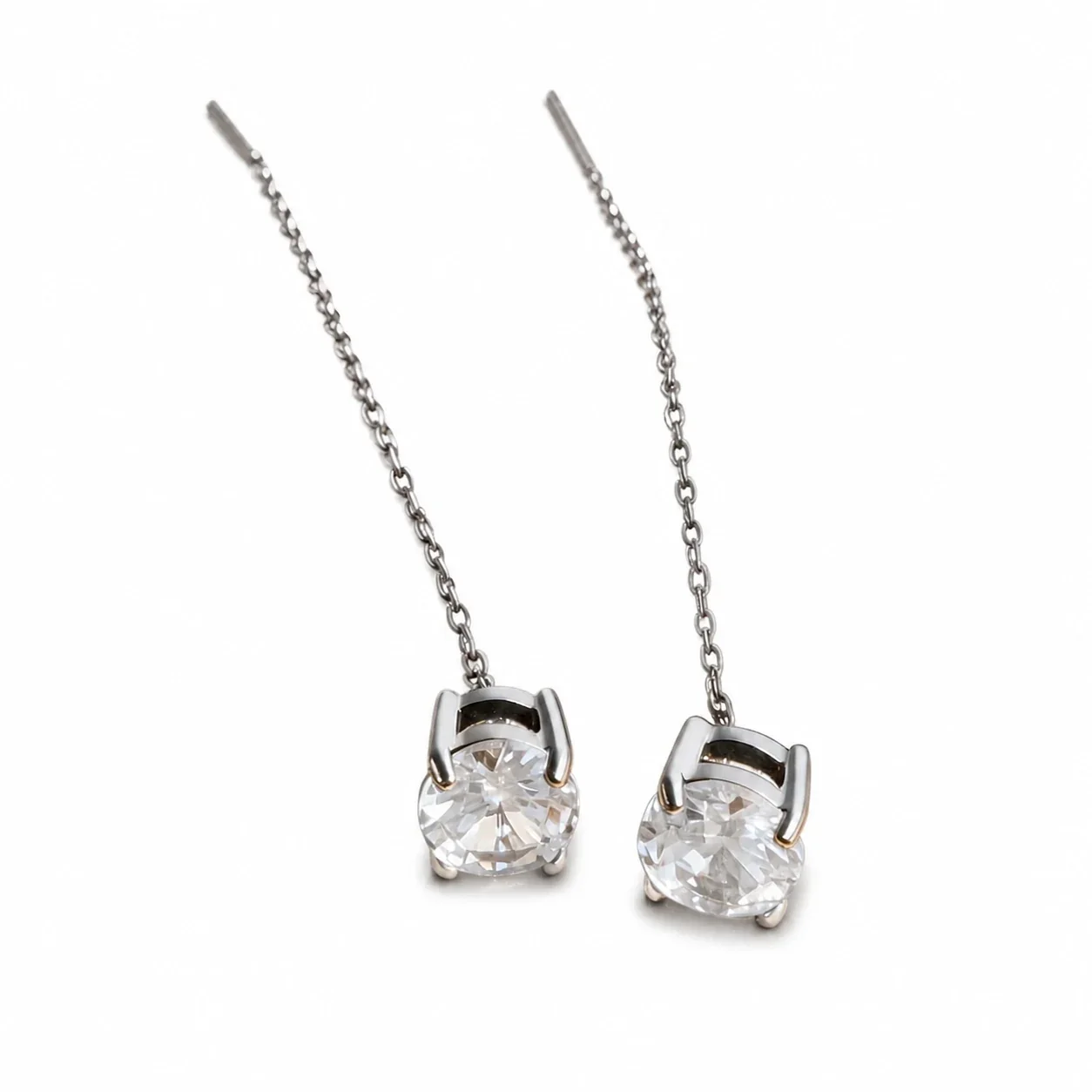 Drop Earrings Round CZ Threader Chain 316 Stainless Steel Silver PVD