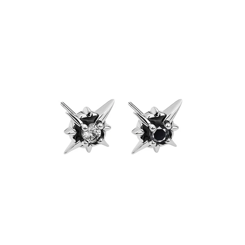 Edgy Stainless Steel Crystal Cluster Earrings Set - North Star Stud Black Crystal Pair