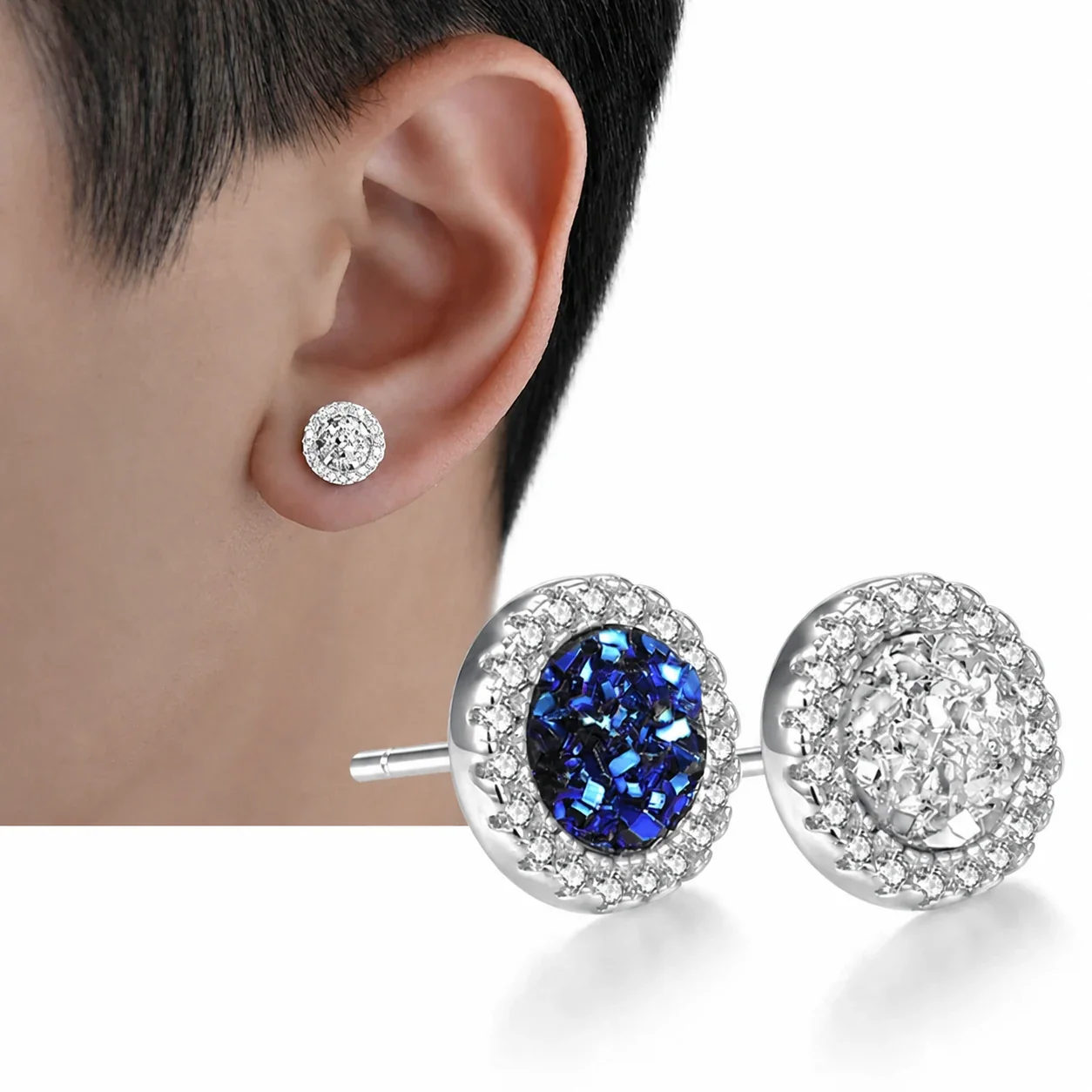 Edgy Stainless Steel Crystal Cluster Earrings Set - Crystal Cluster Stud White Pair