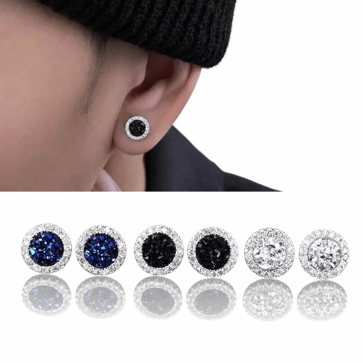 Edgy Stainless Steel Crystal Cluster Earrings Set - Crystal Cluster Magnetic Clip-On Black Pair