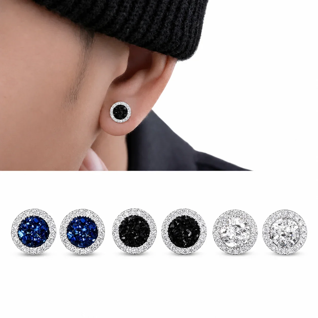 Edgy Stainless Steel Crystal Cluster Earrings Set - Crystal Cluster Magnetic Clip-On Blue Pair
