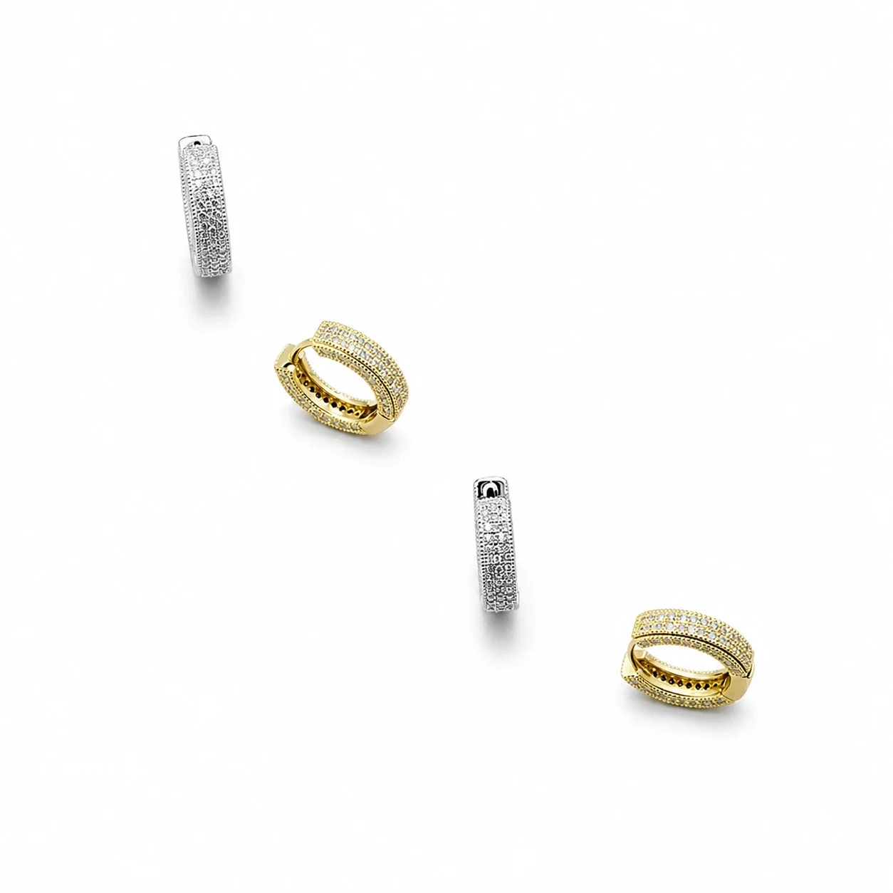 Edgy Stainless Steel Crystal Cluster Earrings Set - Pavé Hoop Gold Pair