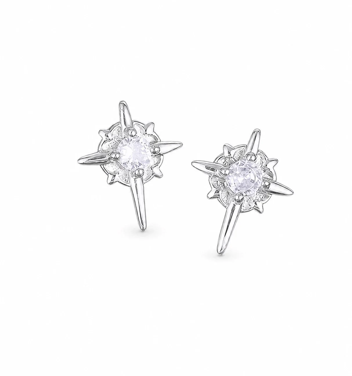 Edgy Stainless Steel Crystal Cluster Earrings Set - North Star Clip-On Clear Crystal Pair