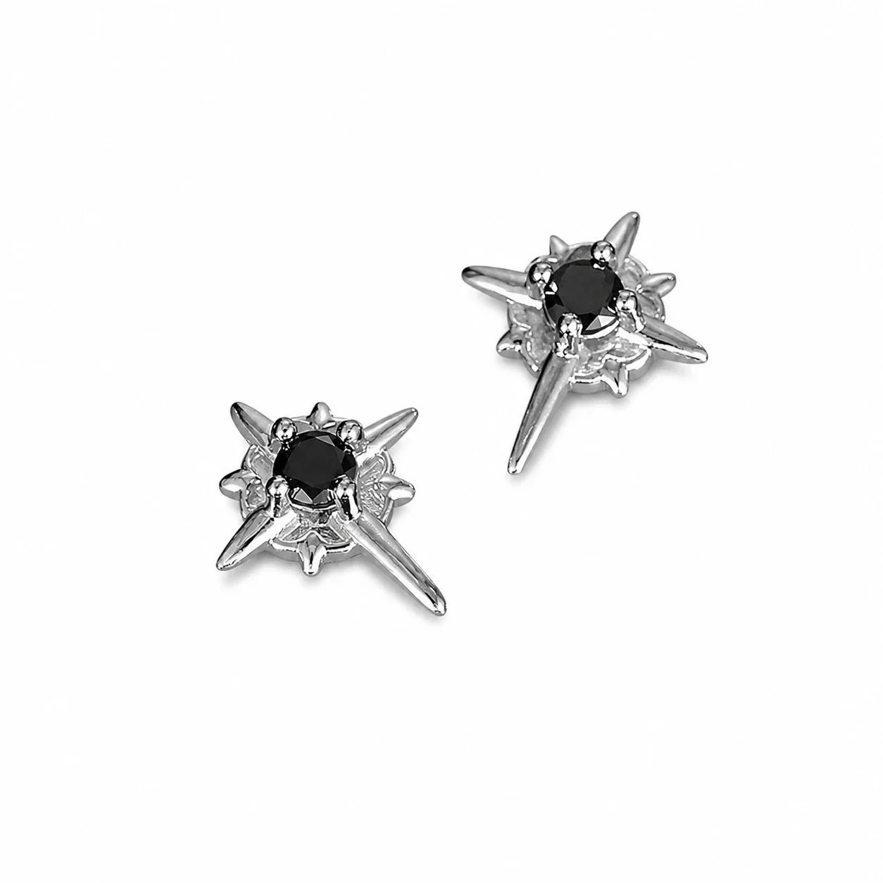 Edgy Stainless Steel Crystal Cluster Earrings Set - North Star Clip-On Black Crystal Pair