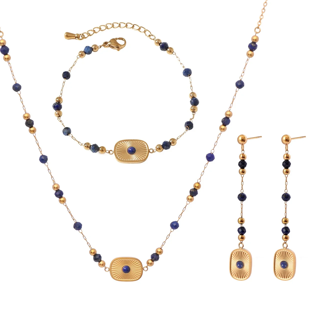 Radiant Gold-Plated Lapis Bead Sunburst Jewelry Set