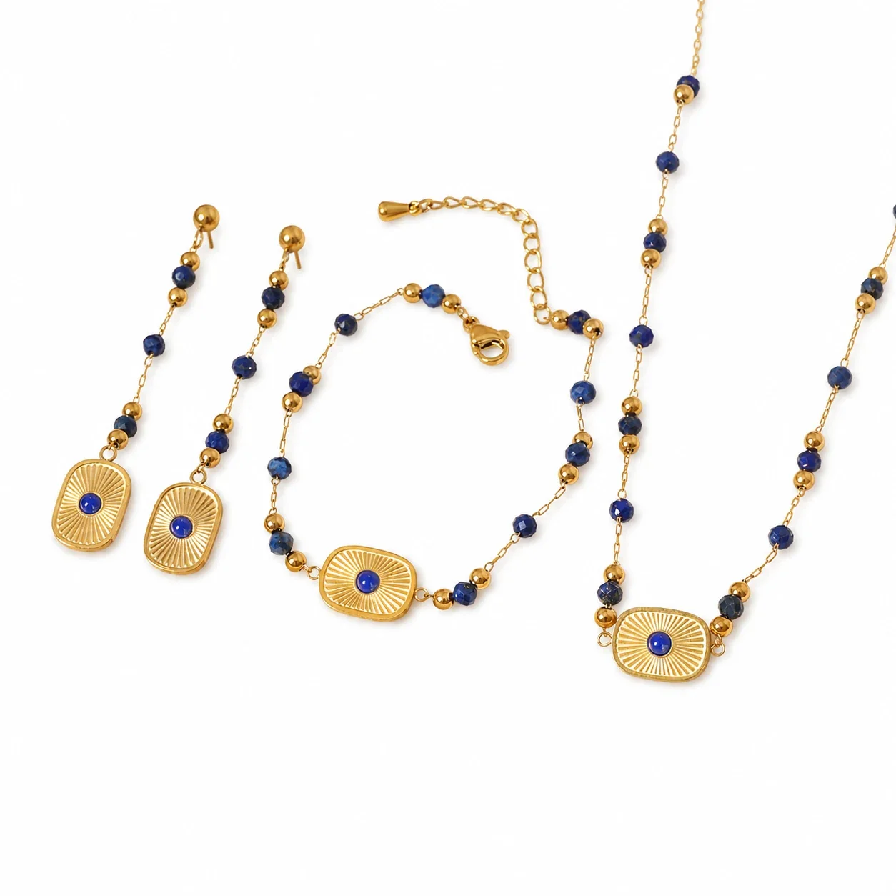 Radiant Gold-Plated Lapis Bead Sunburst Jewelry Set