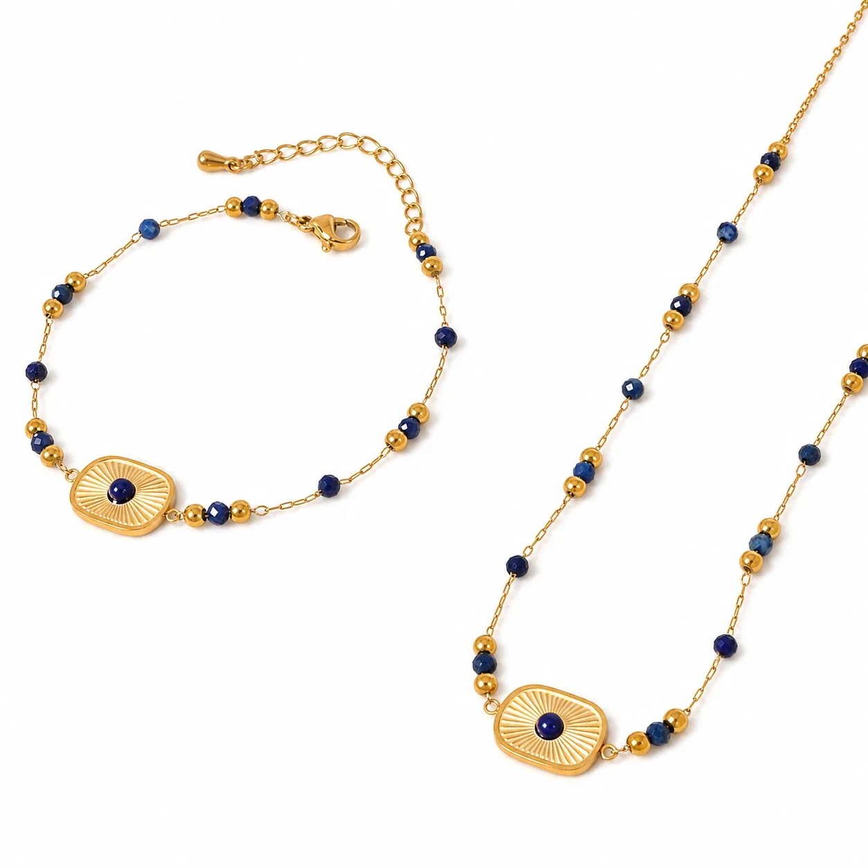 Radiant Gold-Plated Lapis Bead Sunburst Jewelry Set