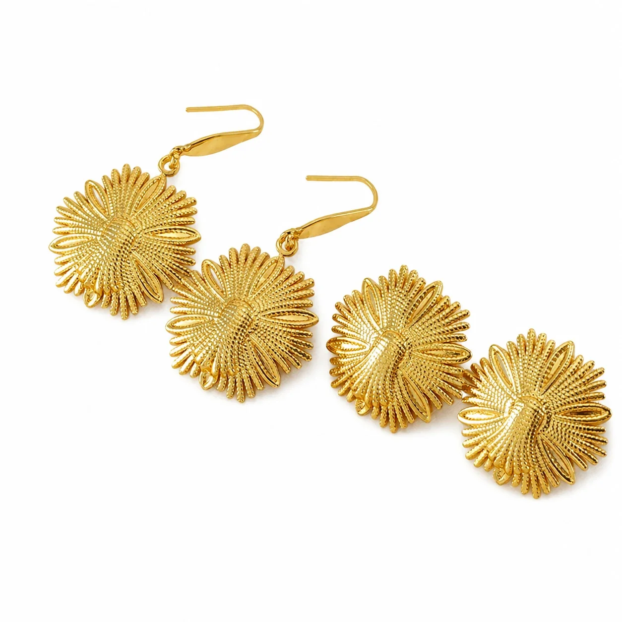 Sculptural Gold-Plated Bee Flower Drop Earrings