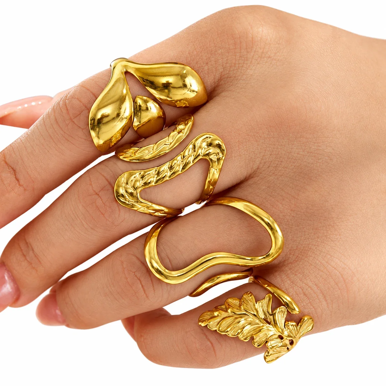 Open Rings: Leaf & Loop Motifs, 18K Gold-Plated 316 Stainless Steel