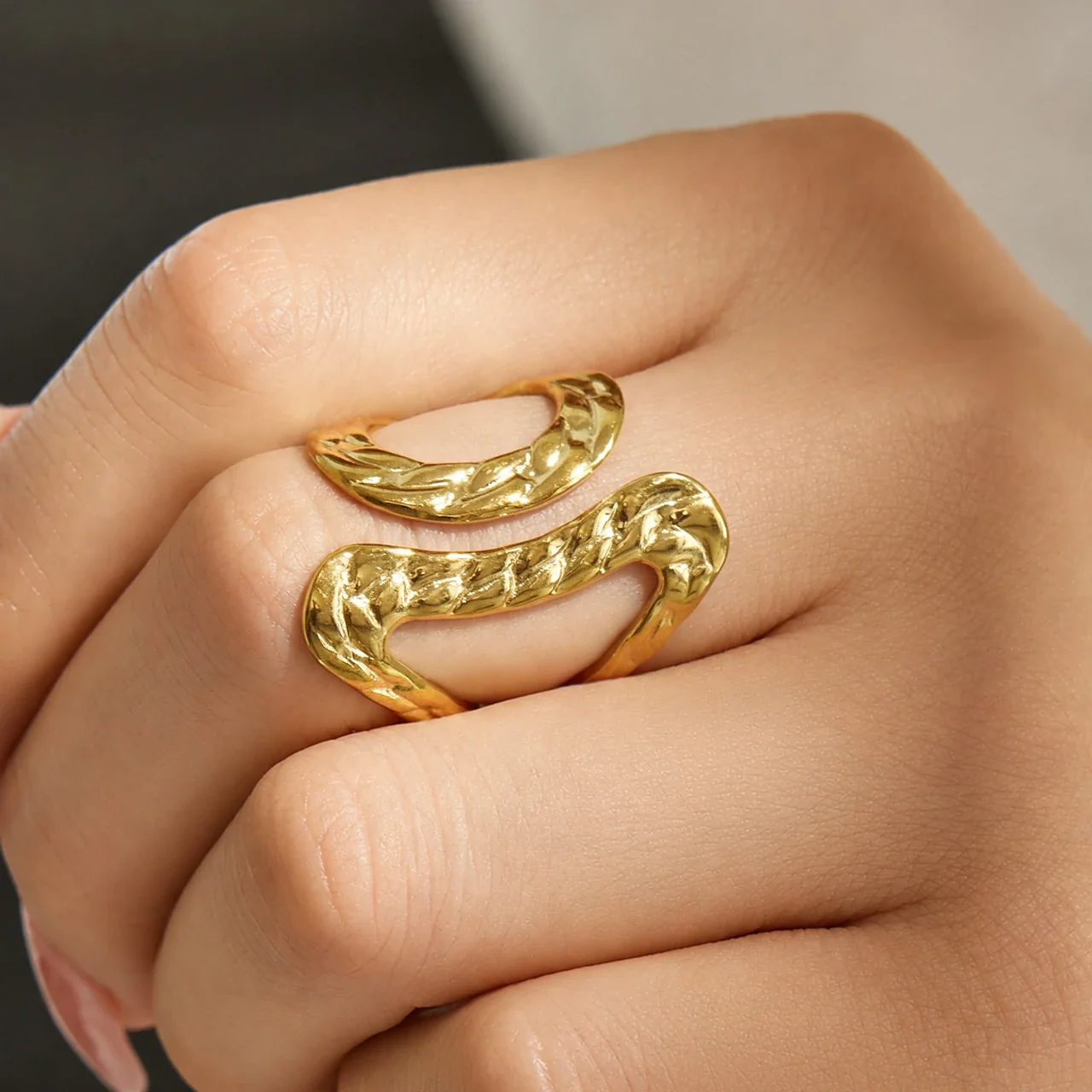 Open Rings: Leaf & Loop Motifs, 18K Gold-Plated 316 Stainless Steel