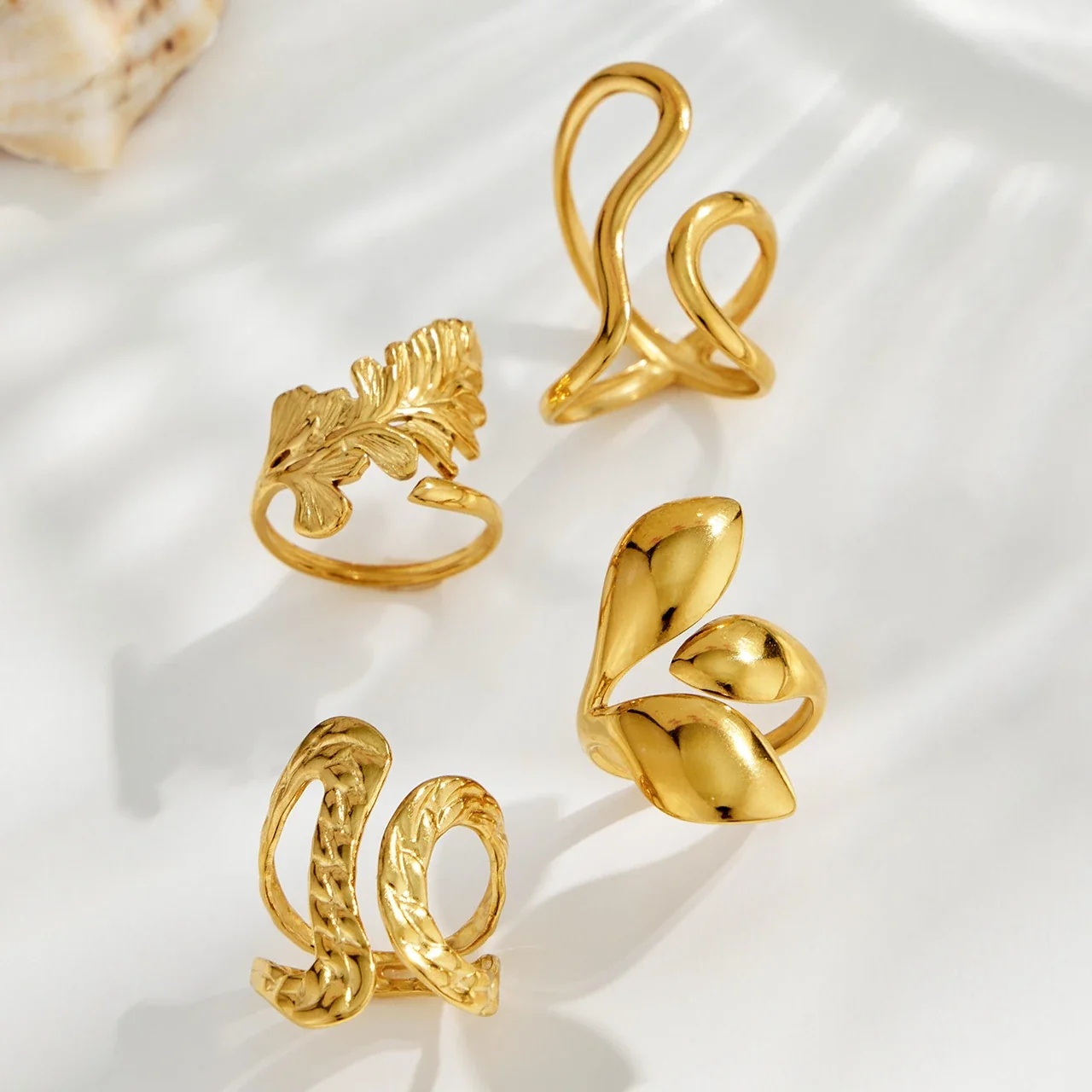 Open Rings: Leaf & Loop Motifs, 18K Gold-Plated 316 Stainless Steel