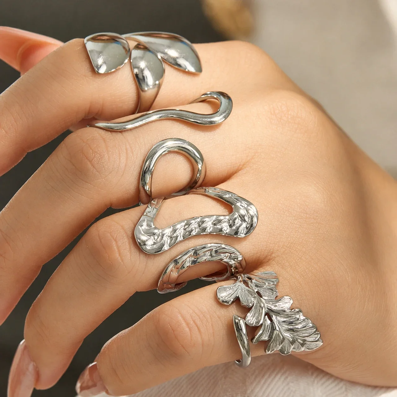 Open Rings: Leaf & Loop Motifs, 18K Gold-Plated 316 Stainless Steel