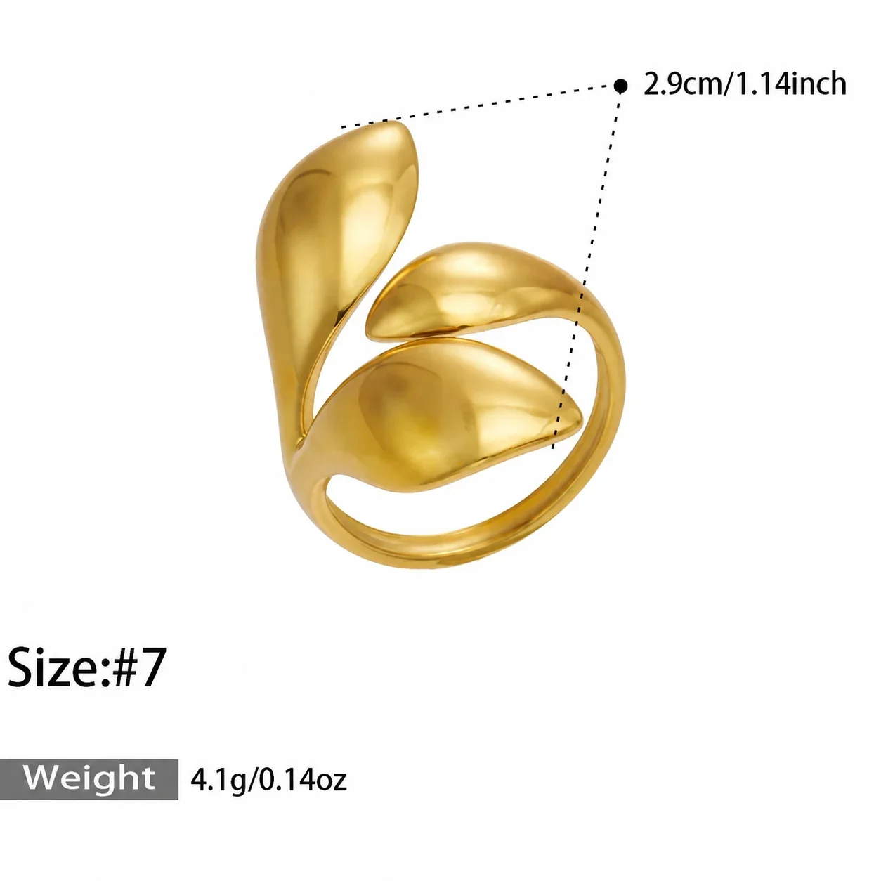 Open Rings: Leaf & Loop Motifs, 18K Gold-Plated 316 Stainless Steel - Gold Triple Leaf Open