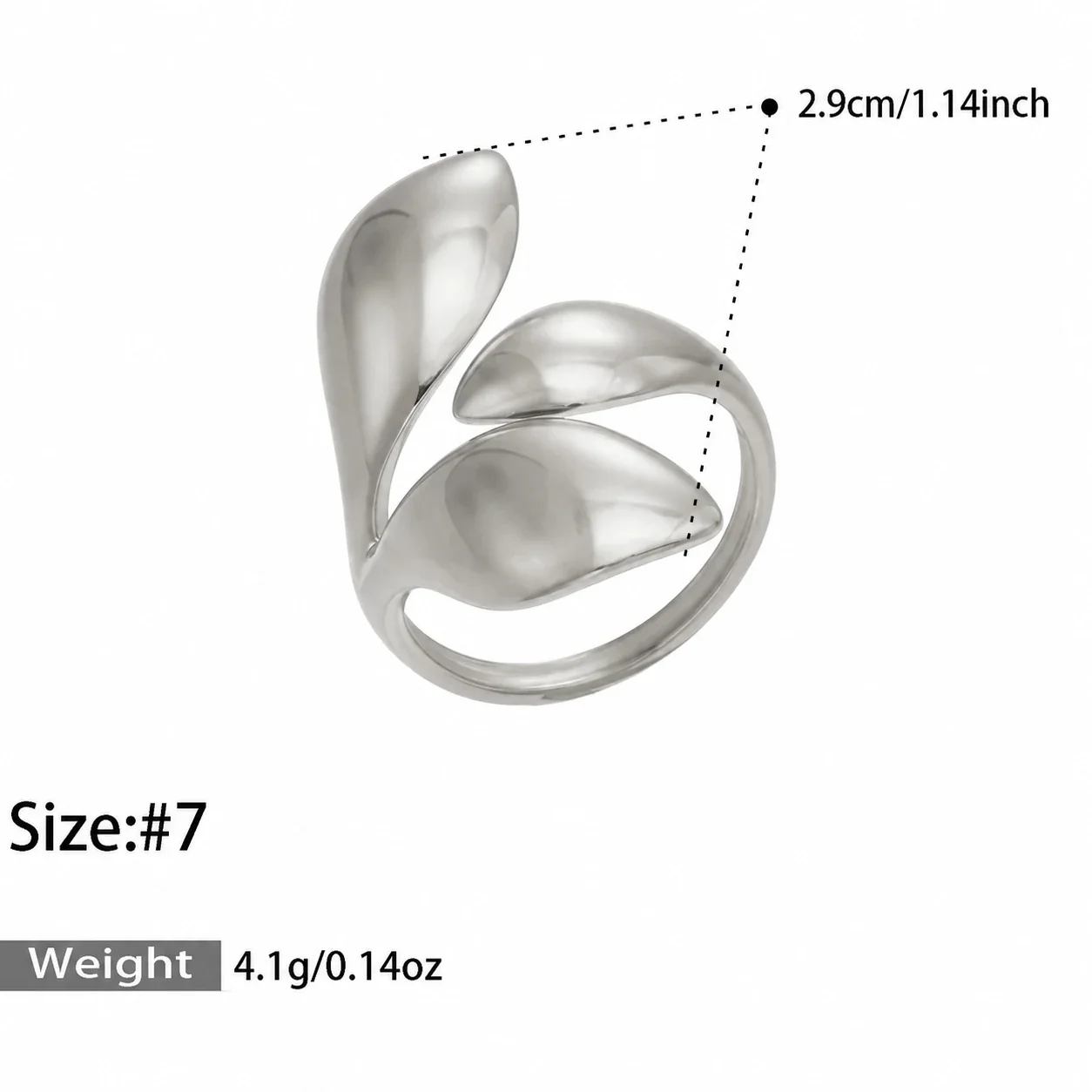 Open Rings: Leaf & Loop Motifs, 18K Gold-Plated 316 Stainless Steel - Silver Triple Leaf Open