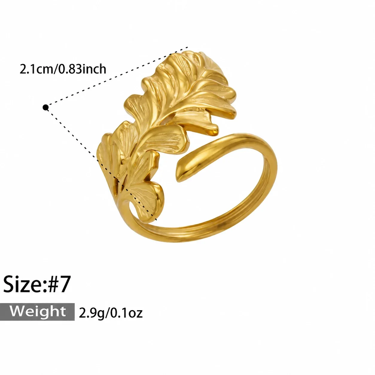 Open Rings: Leaf & Loop Motifs, 18K Gold-Plated 316 Stainless Steel - Gold Leaf Open