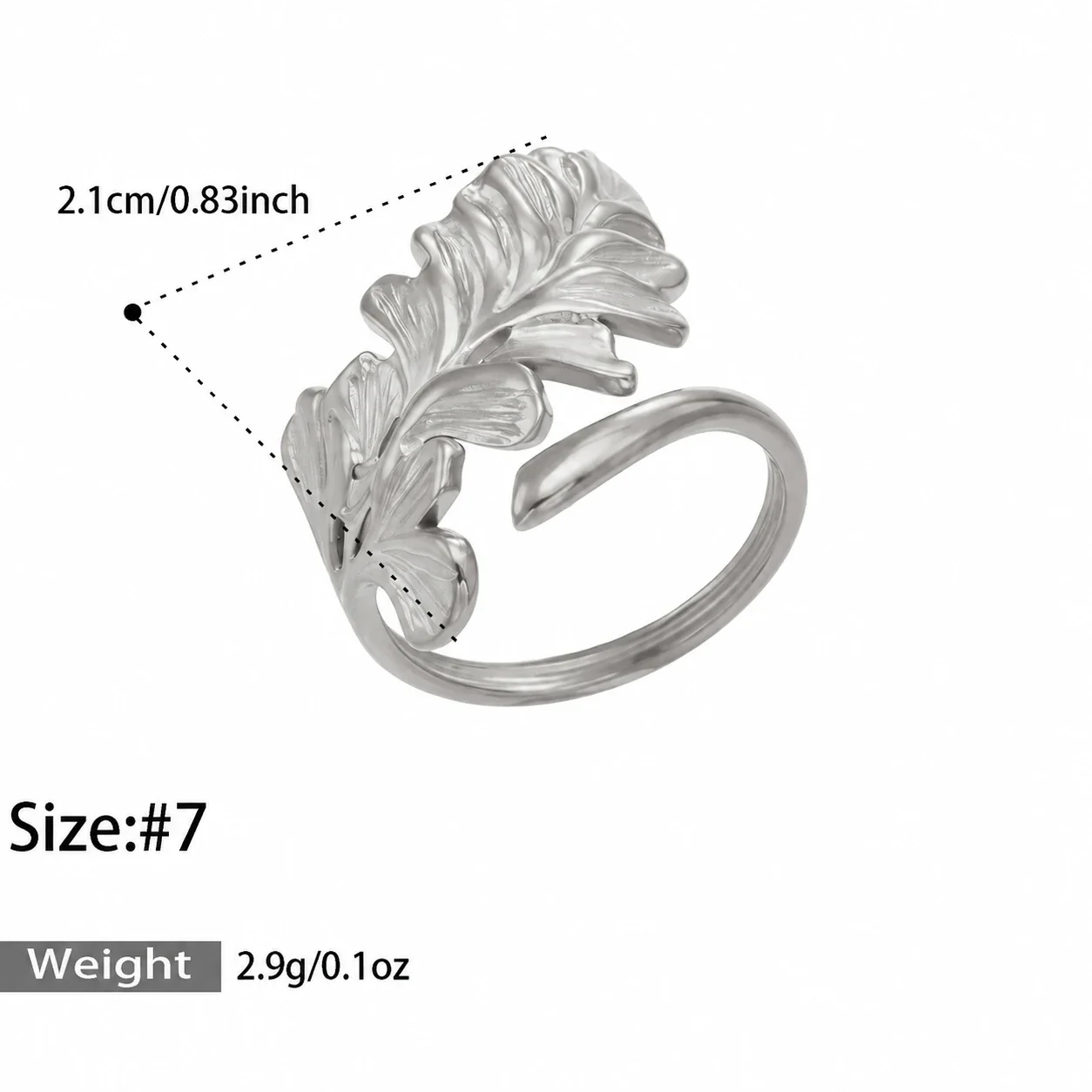 Open Rings: Leaf & Loop Motifs, 18K Gold-Plated 316 Stainless Steel - Silver Leaf Open