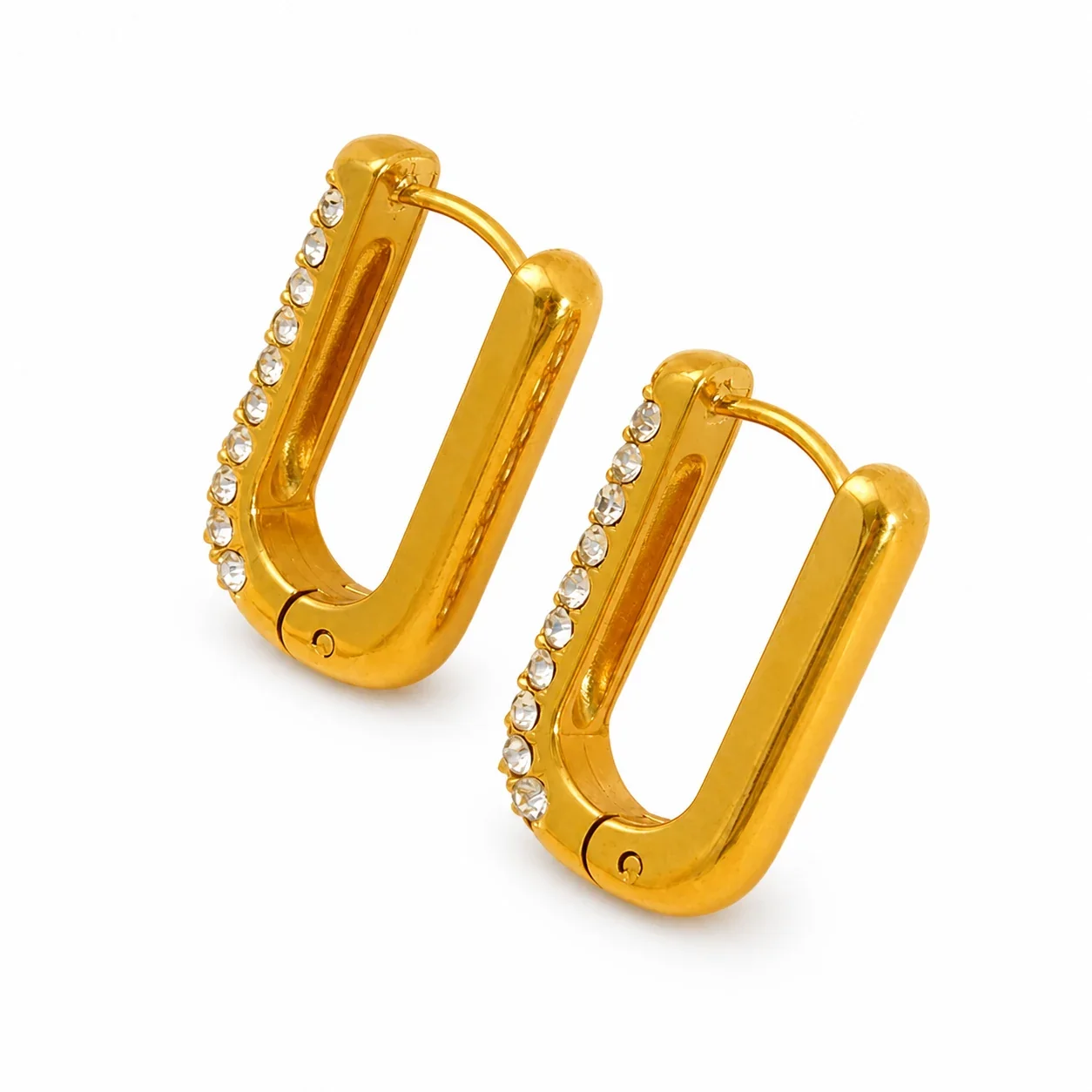 Polished Gold-Plated U-Shaped Crystal Huggie Earrings