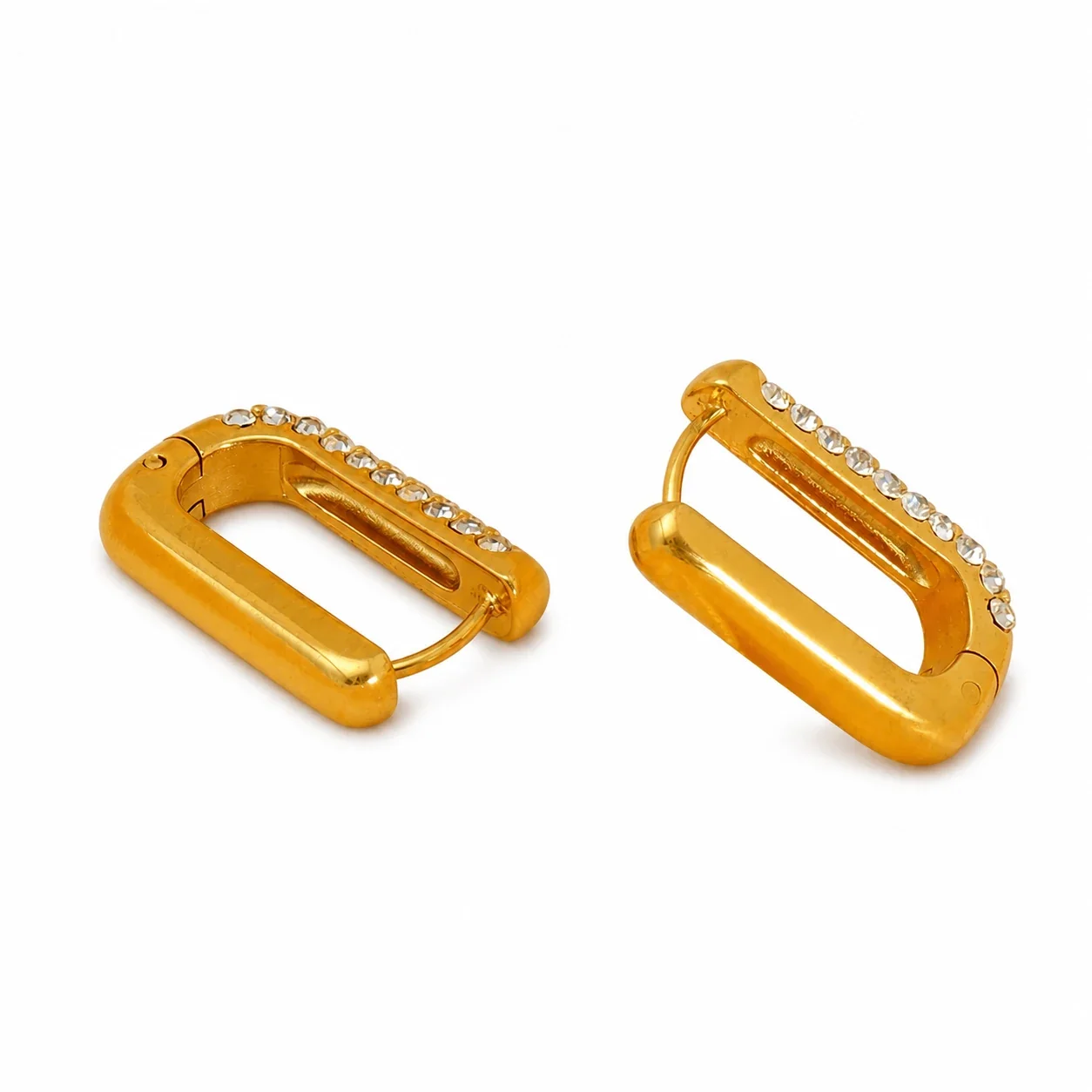 Polished Gold-Plated U-Shaped Crystal Huggie Earrings