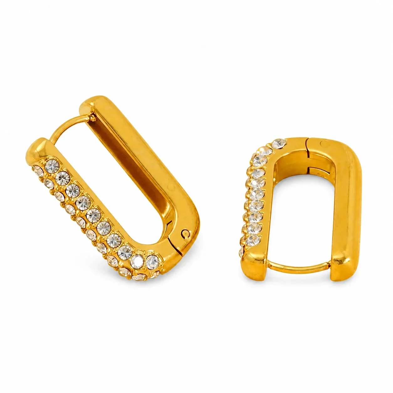 Polished Gold-Plated U-Shaped Crystal Huggie Earrings