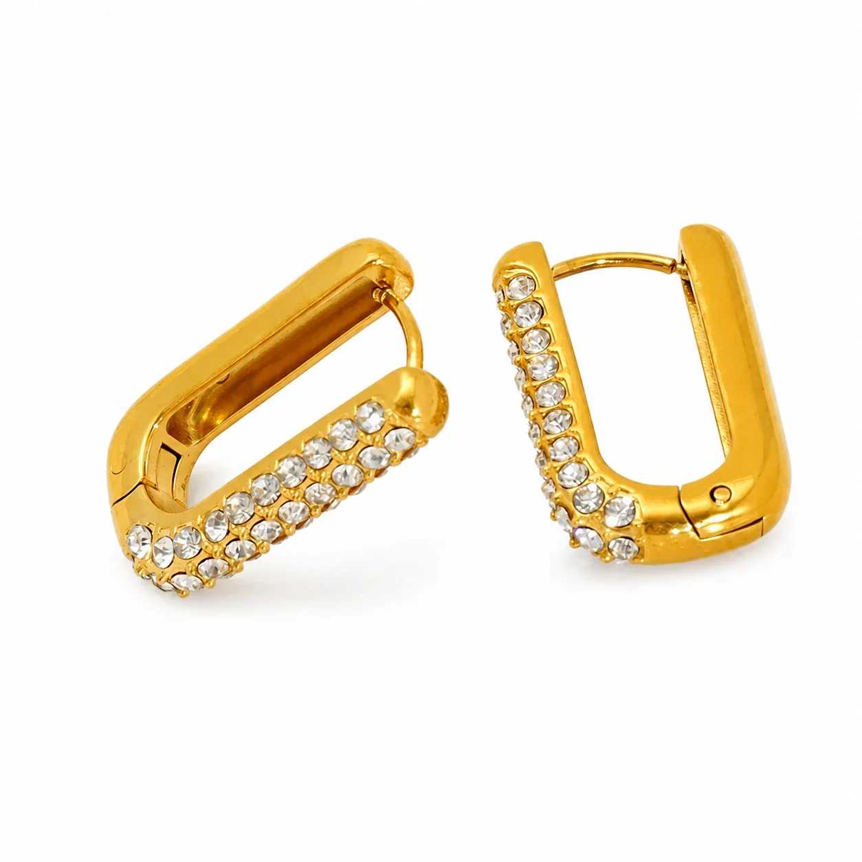 Polished Gold-Plated U-Shaped Crystal Huggie Earrings