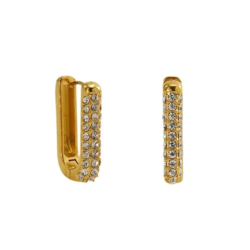 Polished Gold-Plated U-Shaped Crystal Huggie Earrings