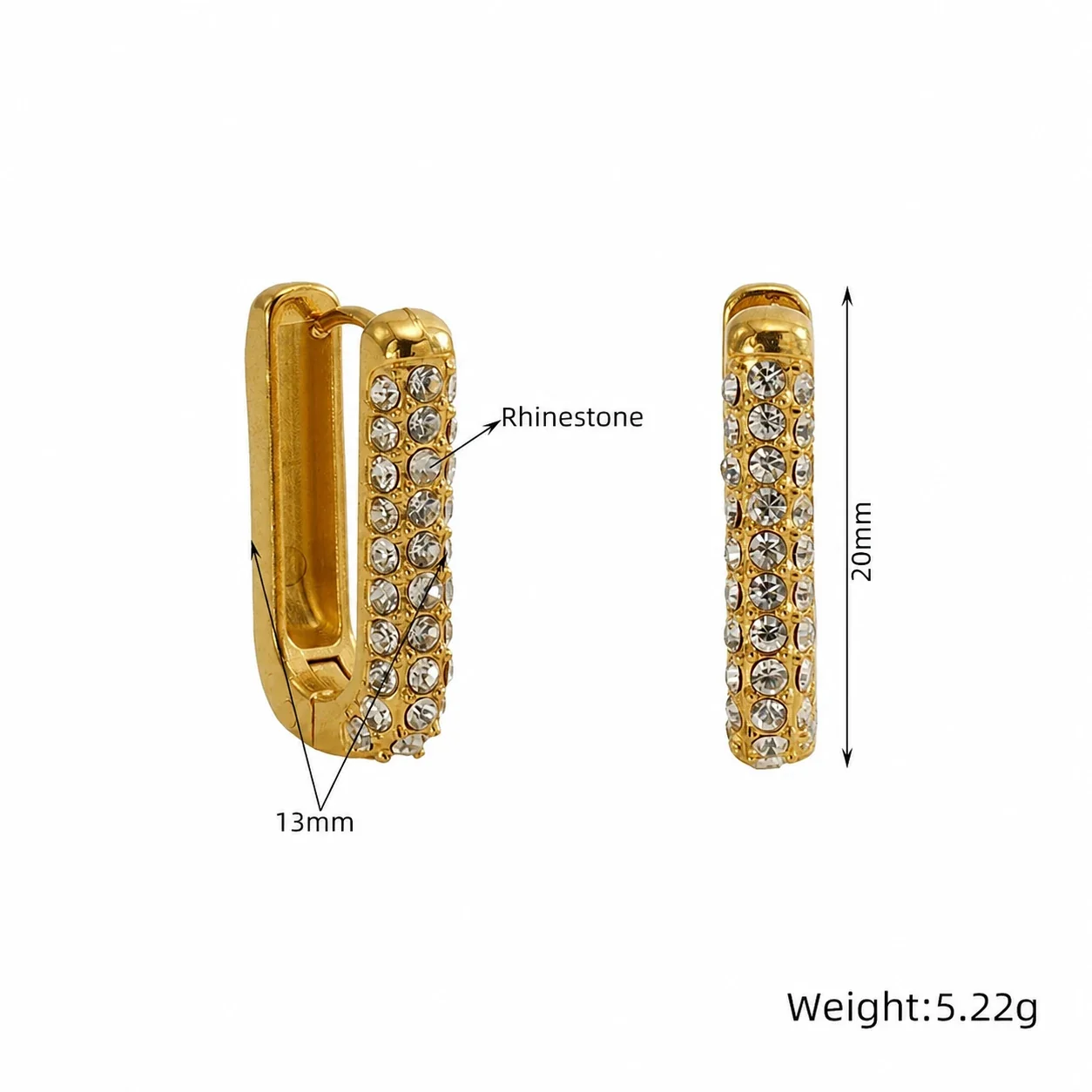 Polished Gold-Plated U-Shaped Crystal Huggie Earrings - Gold