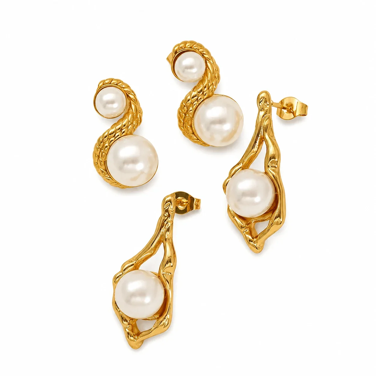 Sculptural Gold-Tone Pearl-Effect S-Curve Stud Earrings
