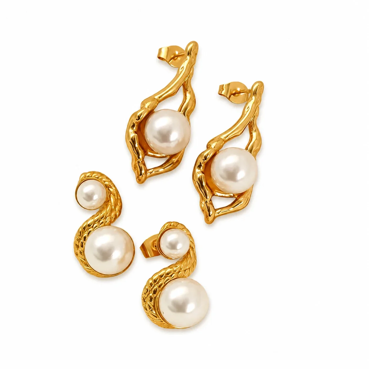 Sculptural Gold-Tone Pearl-Effect S-Curve Stud Earrings