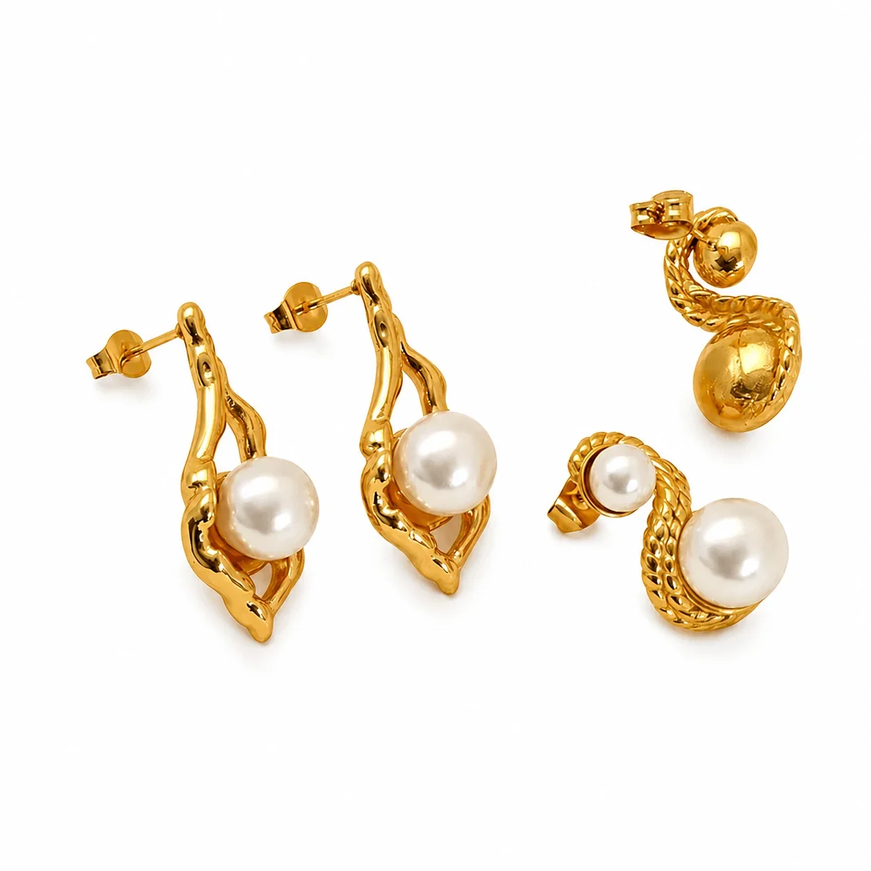 Sculptural Gold-Tone Pearl-Effect S-Curve Stud Earrings