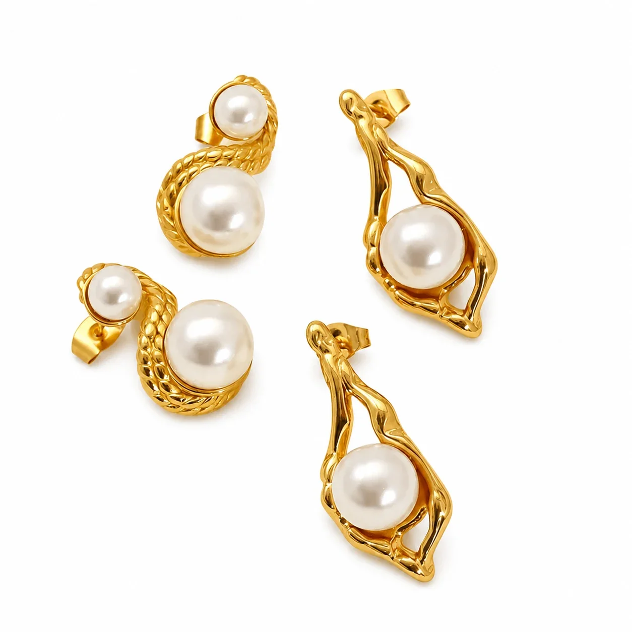 Sculptural Gold-Tone Pearl-Effect S-Curve Stud Earrings